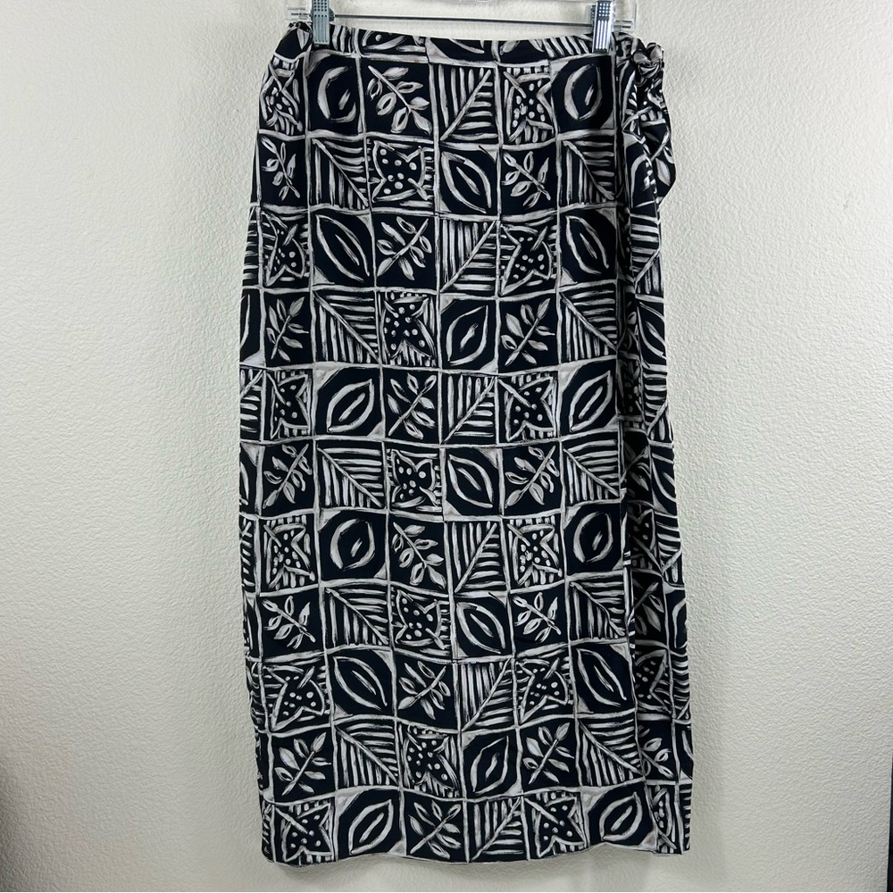 Talbots 100% Silk Wrap Straight Midi Skirt Black Beige Striped, Sz 12